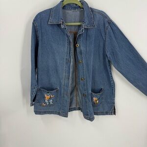 Blair Cotton butterfly Embroidered Long Sleeve Button Denim Jacket Blue Size L
